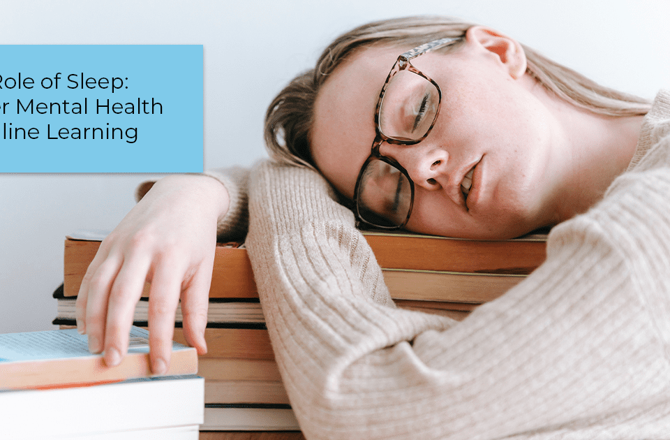 A woman with blonde hair falling asleep on a stack of books, studying about the role of sleep in online learning.