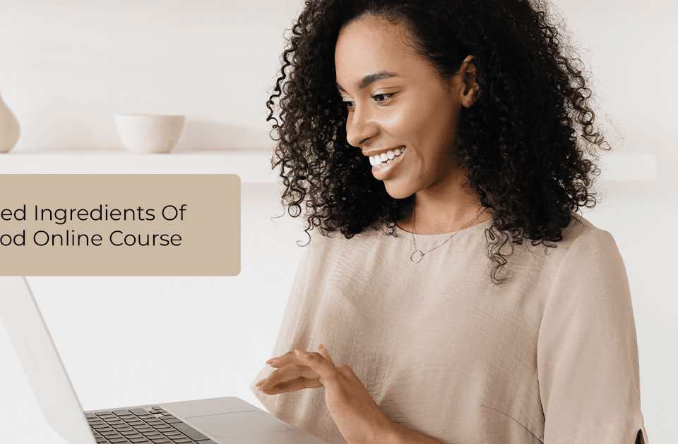 Woman in tan shirt with a computer looking up a good online course